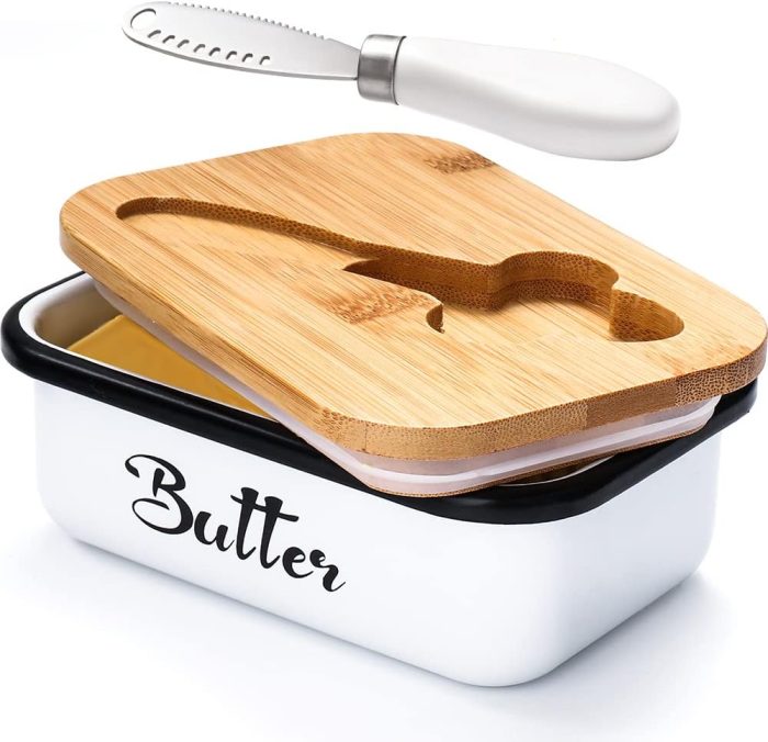 AISBUGUR Metal Butter Dish with Lid & Stainless Steel Knife – Large White Butter Keeper - Image 1