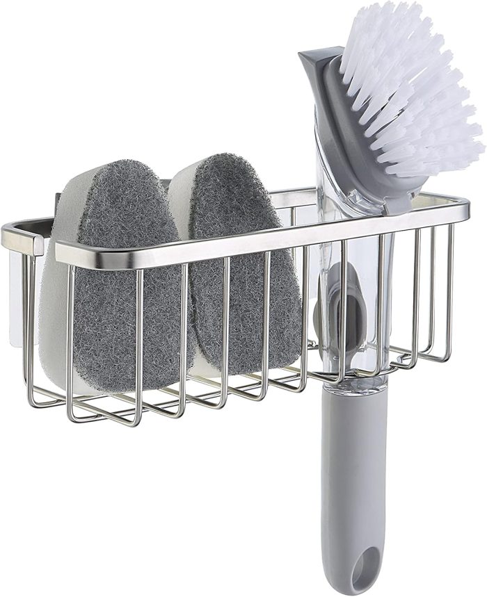 SunnyPoint NeverRust Sink Sponge Holder Organizer – Adhesive Mount with Extra Suction Cup, Stainless Steel - Image 1