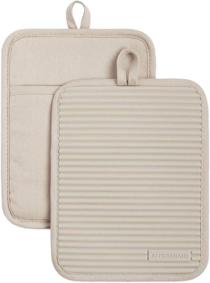 KitchenAid Ribbed Soft Silicone Pot Holder 2-Pack – Milkshake Tan, 7"x9" - Image 1