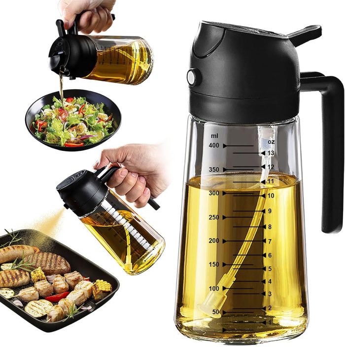 TrendPlain 16oz Glass Olive Oil Sprayer – 2-in-1 Dispenser for Cooking & BBQ, Black - Image 1