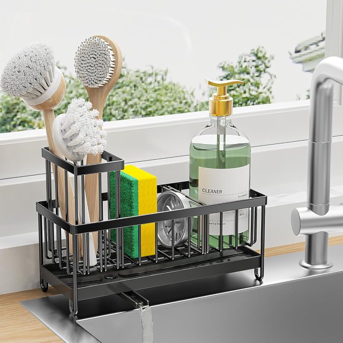 Cisily Black Stainless Steel Sponge Holder with High Brush Holder – Rustproof Kitchen Sink Organizer - Image 1